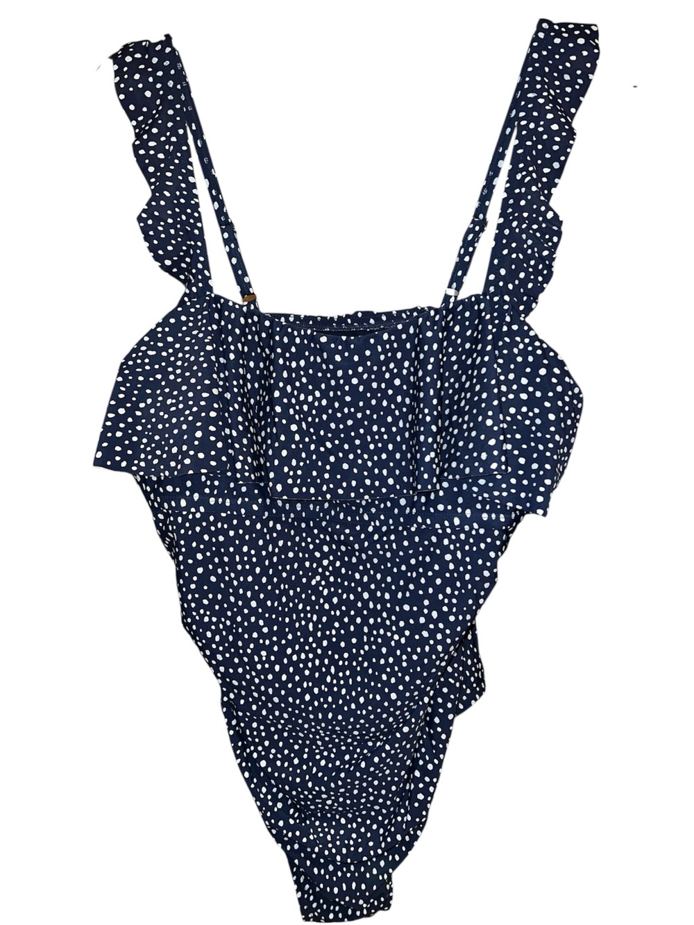 Kona Sol Navy and White Polka Dot Ruffle Strap One-Piece Swimsuit